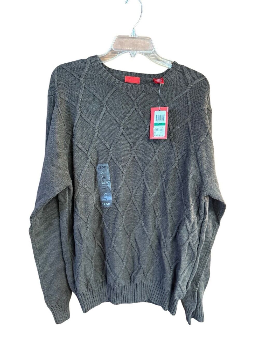 Izod Mens crew neck  textured diamond cable-knit. (Brown) Sz L NWT